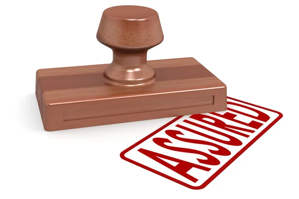 Wooden stamp assured with red text — Stock Photo, Image