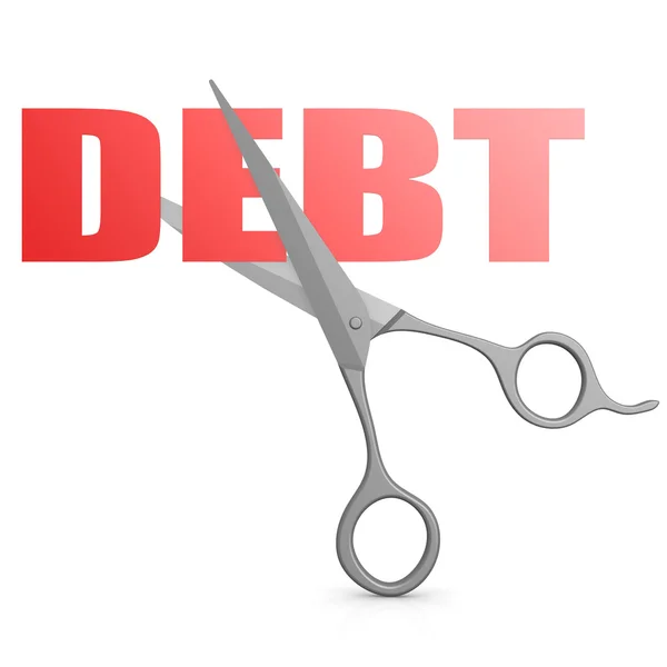 Cut red debt word with scissor — Stock Photo, Image