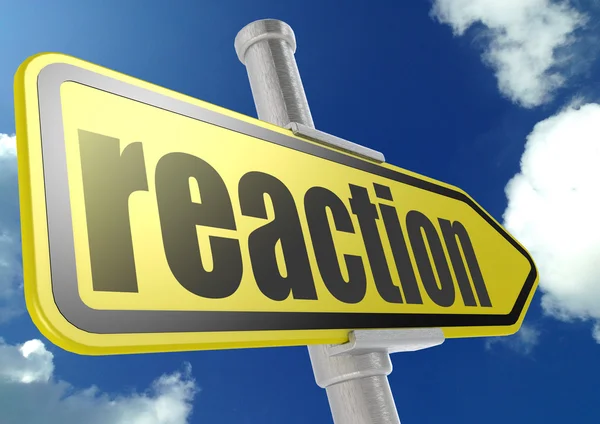 Yellow road sign with reaction word under blue sky — Stock Photo, Image