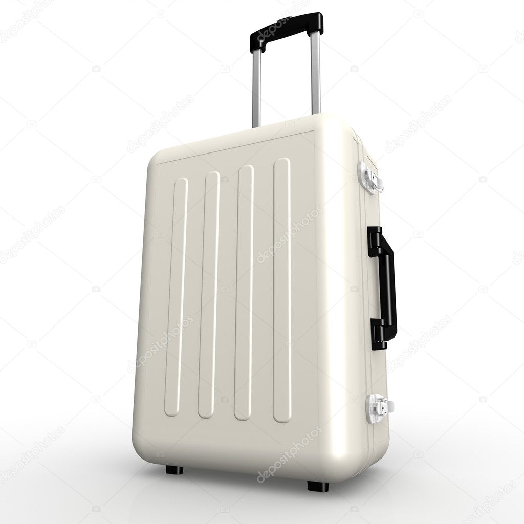 White luggage stands on the floor