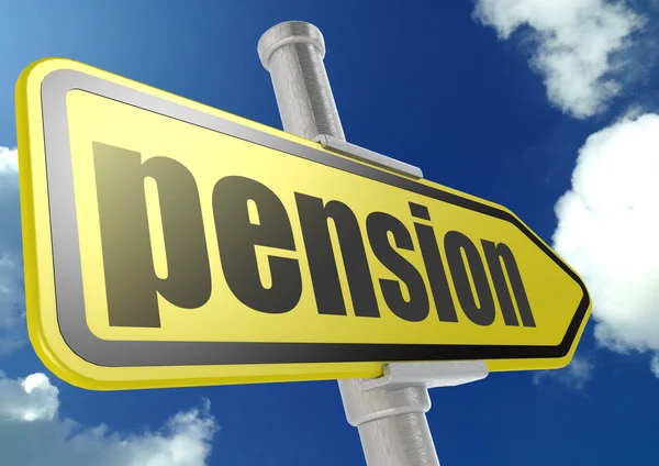 Yellow road sign with pension word under blue sky — Stock Photo, Image