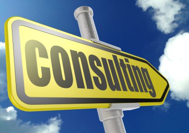 Yellow road sign with consulting word under blue sky
