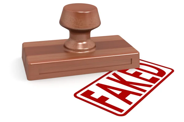 Wooden stamp faked with red text — Stock Photo, Image