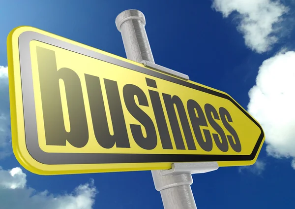 Κίτρινη πινακίδα με επιχειρηματική λέξη υπό μπλε ουρανό — Φωτογραφία Αρχείου