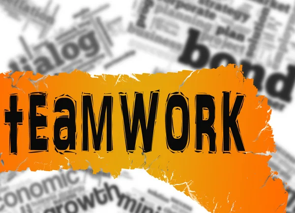 Word cloud with teamwork word on yellow and red banner — Stock Photo, Image