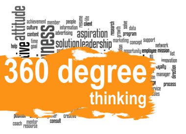 360 Degree Thinking word cloud with orange banner