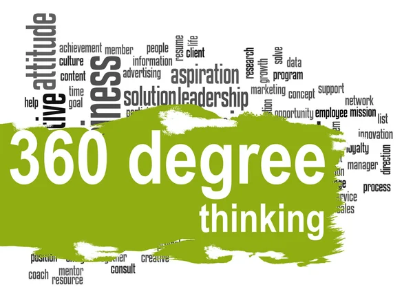 360 Degree Thinking word cloud with green banner — 图库照片