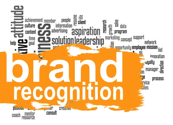 Brand recognition word cloud with orange banner — Zdjęcie stockowe