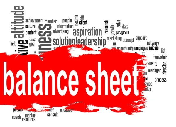 Balance sheet word cloud with red banner — ストック写真