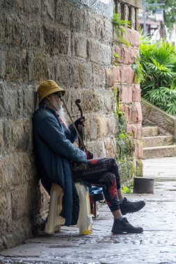 Chongqing, Çin - 11 Kasım 2025: Eski müzisyen Çin 'in Chongqing şehrinde geleneksel Çin müzik enstrümanıyla sokakta gösteri yapıyor.