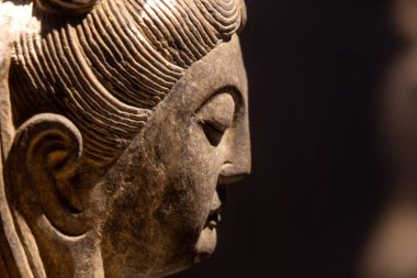 Buddha 'nın yüzünü, Çin' in Chongqing kentindeki Dazu Taş Oyma Müzesi 'nde koyu arkaplan ile kapatın. Müze, Dazu Kaya Oymaları 'nın koleksiyonu, korunması ve araştırılması üzerine yoğunlaşmıştır.