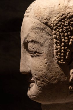 Buddha 'nın yüzünü, Çin' in Chongqing kentindeki Dazu Taş Oyma Müzesi 'nde koyu arkaplan ile kapatın. Müze, Dazu Kaya Oymaları 'nın koleksiyonu, korunması ve araştırılması üzerine yoğunlaşmıştır.