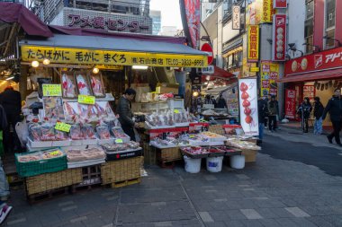 Tokyo, Japonya - 17 Aralık 2025: Ameyoko alışveriş caddesi Tokyo 'nun kalbinde yer almaktadır. Demiryolu hattının altındaki bu işlek pazar caddesinde 400 'den fazla dükkan var..