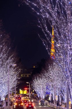 Tokyo, Japonya - 26 Aralık 2025: Roppongi Hills Noel ışıkları, Tokyo 'daki en iyi kış aydınlatmaları. Roppongi Hills alışveriş merkezinin yanındaki Keyakizaka Caddesi Tokyo Kulesi ile aydınlanıyor