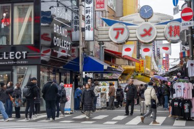 Tokyo, Japonya - 27 Aralık 2025: Tokyo, Japonya 'da Ueno Ameyoko canlı pazar sahnesi. Yükseltilmiş demiryolu hattının altında bir mağaza koleksiyonu.
