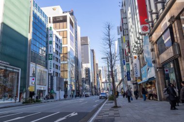 Tokyo, Japonya-28 Aralık 2025: Tokyo 'nun lüks alışveriş bölgesi Ginza' nın sokak manzarası. Geniş caddeler ve dar sokaklar lüks markalar, bayrak gemisi mağazaları ve mağazalarıyla ünlüdür.