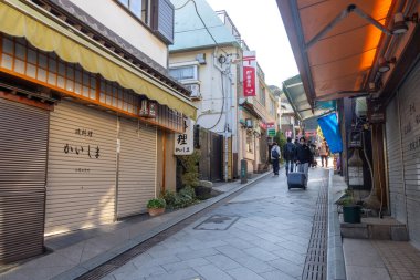 Kamakura, Japonya-17 Aralık 2025: Enoshima Benzaiten Alışveriş Caddesi, Enoshima Adası, Japonya. Ryokanlar, lokantalar ve hediyelik eşya dükkanlarıyla dolu hareketli bir alışveriş bölgesi.