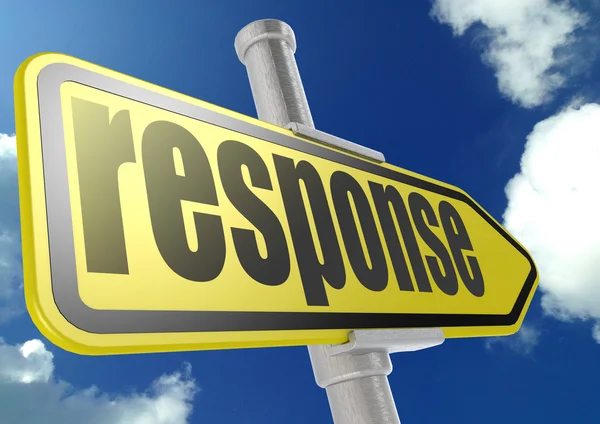 Yellow road sign with response word under blue sky — Stock Photo, Image