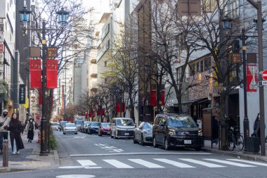 Tokyo, Japonya-28 Aralık 2025: Tokyo, Japonya 'daki Ginza bölgesinin görüntüsü. Ginza, Tokyo 'nun en ünlü alışveriş, yemek ve eğlence merkezidir ve çok sayıda mağazası ve butiği bulunmaktadır.