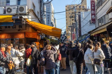 Tokyo, Japonya-28 Aralık 2025: Tokyo 'daki Tsukiji Dış Pazarı' nı ziyaret eden turistler. Pazar, özellikle deniz ürünleri aşıkları olmak üzere aşçılık deneyimleri arayan ziyaretçiler için hareketli bir merkez olmaya devam ediyor.