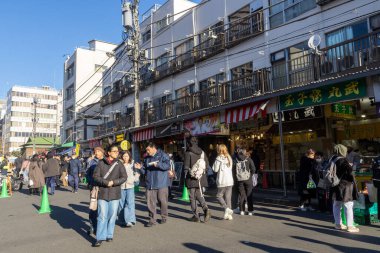 Tokyo, Japonya-28 Aralık 2025: Tokyo 'daki Tsukiji Dış Pazarı' nı ziyaret eden turistler. Pazar, özellikle deniz ürünleri aşıkları olmak üzere aşçılık deneyimleri arayan ziyaretçiler için hareketli bir merkez olmaya devam ediyor.