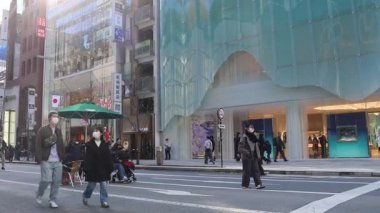 Tokyo, Japonya-28 Aralık 2025: Ginza ana caddesi, Chuo Dori, hafta sonları yayalara özel bir bölge haline geliyor. Lüks mağazalarla dolu hareketli, arabasız bir alışveriş alanı yaratmak.