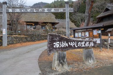 Kawaguchiko, Japonya - 20 Aralık 2025: Saiko Iyashi-no-Sato Nenba Kawaguchiko, Japonya 'da yer almaktadır. Geleneksel bir Japon köyü ve 20 sazdan çatılı evi olan açık hava müzesi..
