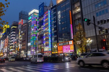 Tokyo, Japonya - 24 Aralık 2025: Shinjuku, Tokyo 'da renkli iş afişleri ve neon levhaları asılmış sokak. Shinjuku genellikle hareketli gece hayatı nedeniyle Uykusuz Kasaba olarak adlandırılır.