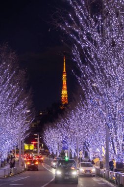 Tokyo, Japonya - 26 Aralık 2025: Roppongi Hills Noel ışıkları, Tokyo 'daki en iyi kış aydınlatmaları. Roppongi Hills alışveriş merkezinin yanındaki Keyakizaka Caddesi Tokyo Kulesi ile aydınlanıyor