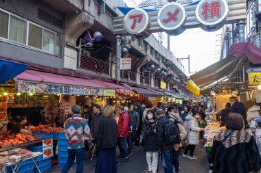 Tokyo, Japonya - 17 Aralık 2025: Ameyoko alışveriş caddesi Tokyo 'nun kalbinde yer almaktadır. Demiryolu hattının altındaki bu işlek pazar caddesinde 400 'den fazla dükkan var..