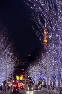 Tokyo, Japonya - 26 Aralık 2025: Roppongi Hills Noel ışıkları, Tokyo 'daki en iyi kış aydınlatmaları. Roppongi Hills alışveriş merkezinin yanındaki Keyakizaka Caddesi Tokyo Kulesi ile aydınlanıyor