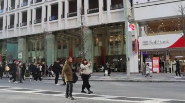 Tokyo, Japonya-28 Aralık 2025: Ginza ana caddesi, Chuo Dori, hafta sonları yayalara özel bir bölge haline geliyor. Lüks mağazalarla dolu hareketli, arabasız bir alışveriş alanı yaratmak.