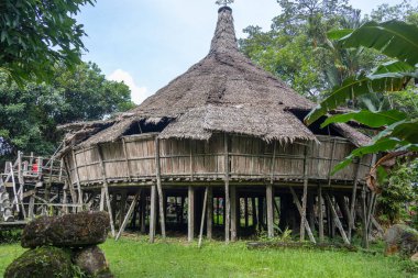 Malezya, Kuching 'deki Bidayuh Uzunevi Sarawak Kültür Köyü. Bambu çokluğu ve oymalarla dolu yuvarlak bir kafadandır.
