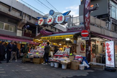 Tokyo, Japonya - 17 Aralık 2025: Ameyoko alışveriş caddesi Tokyo 'nun kalbinde yer almaktadır. Demiryolu hattının altındaki bu işlek pazar caddesinde 400 'den fazla dükkan var..