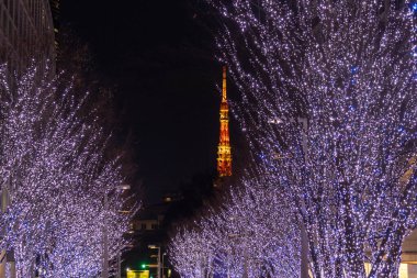 Tokyo, Japonya - 26 Aralık 2025: Roppongi Hills Noel ışıkları, Tokyo 'daki en iyi kış aydınlatmaları. Roppongi Hills alışveriş merkezinin yanındaki Keyakizaka Caddesi Tokyo Kulesi ile aydınlanıyor