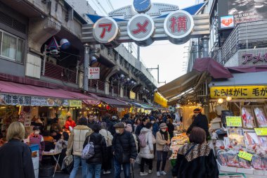 Tokyo, Japonya - 17 Aralık 2025: Ameyoko alışveriş caddesi Tokyo 'nun kalbinde yer almaktadır. Demiryolu hattının altındaki bu işlek pazar caddesinde 400 'den fazla dükkan var..