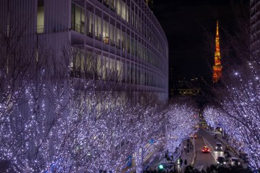 Tokyo, Japonya - 26 Aralık 2025: Roppongi Hills Noel ışıkları, Tokyo 'daki en iyi kış aydınlatmaları. Roppongi Hills alışveriş merkezinin yanındaki Keyakizaka Caddesi Tokyo Kulesi ile aydınlanıyor