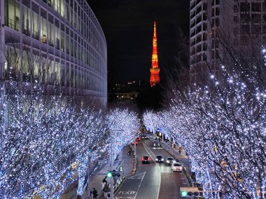 Tokyo, Japonya - 26 Aralık 2025: Roppongi Hills Noel ışıkları, Tokyo 'daki en iyi kış aydınlatmaları. Roppongi Hills alışveriş merkezinin yanındaki Keyakizaka Caddesi Tokyo Kulesi ile aydınlanıyor