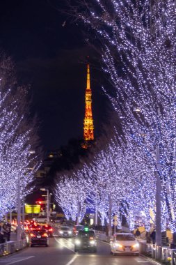 Tokyo, Japonya - 26 Aralık 2025: Roppongi Hills Noel ışıkları, Tokyo 'daki en iyi kış aydınlatmaları. Roppongi Hills alışveriş merkezinin yanındaki Keyakizaka Caddesi Tokyo Kulesi ile aydınlanıyor