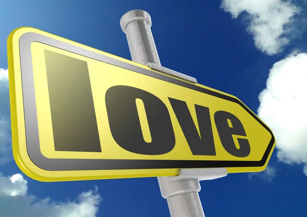 Yellow road sign with love word under blue sky — Stock Photo, Image