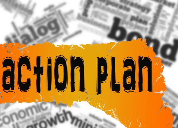 Word cloud met actieplan woord op gele banner — Stockfoto