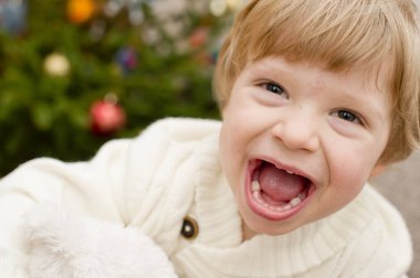 Beyaz, ılık, süveter giyen ve Noel ağacı arka planında beyaz oyuncak ayı olan bir çocuk. Mutlu gülücükler