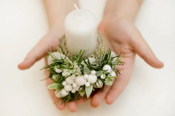 Velas Natal Decorações Fundo Branco Castiçal Feito Mão Decoração Advento — Fotografia de Stock