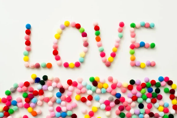 Handgemaakte Valenine Pompons Decoratie Geschreven Woord Liefde — Stockfoto