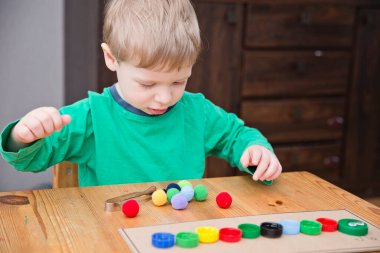 Plastik şişe kapağı solucanı. Doğru renk ponponları kırkayak tırtılına koyun. 5 dakikalık aralıklarla. Çocuk yuvası aktivitesi. Erken eğitim, iyi motor becerileri..