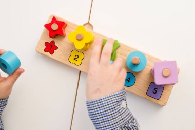 Saymayı, şekilleri ve renkleri öğrenmek. Montessori tipi uygulama. Tahta oyuncaklar. Çocukların iyi motor becerileri geliştirmesi için uygulama, oyun yoluyla mantıklı düşünme.
