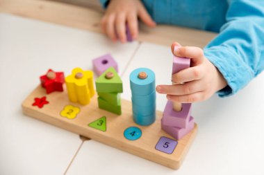 Saymayı, şekilleri ve renkleri öğrenmek. Montessori tipi uygulama. Tahta oyuncaklar. Saymayı öğren ve hayal gücünü, yaratıcılığı, el-göz koordinasyonunu teşvik et.