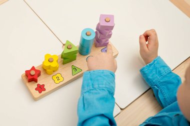 Saymayı, şekilleri ve renkleri öğrenmek. Montessori tipi uygulama. Tahta oyuncaklar. Saymayı öğren ve hayal gücünü, yaratıcılığı, el-göz koordinasyonunu teşvik et.