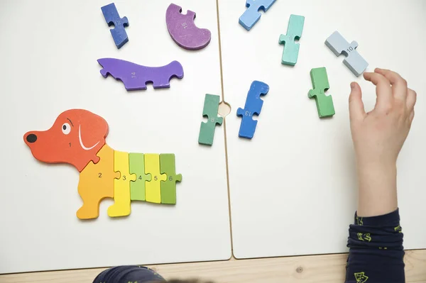 Hölzernes Zahlenrätsel Kinder Sollen Spielerisch Feinmotorische Fähigkeiten Und Logisches Denken — Stockfoto