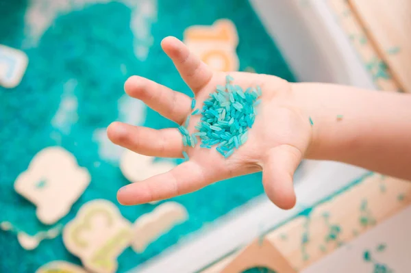 Çocuk oyun yoluyla numaraları öğreniyor. Renkli pirinç ve ahşap sayılarda duyusal aktivite. Evde eğitim, okul öncesi eğitim, Montessori metodu